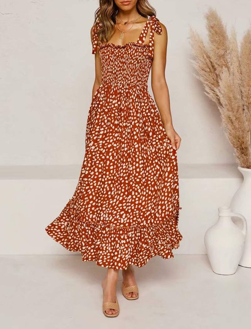 R.Vivimos Women's Summer Straps Cotton Irregular Polka Dot Ruffles Midi Dress (Small, Orange) - Image 3